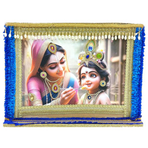Yashoda Krishna Feeding Scene Decorative Framed Backdrop (Blue & Gold Trim)